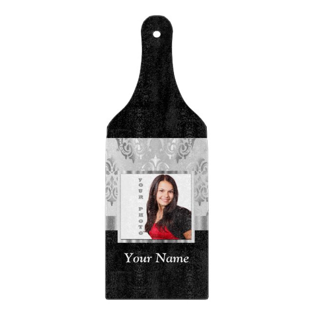 Silver grey damask photo template cutting board (Front)