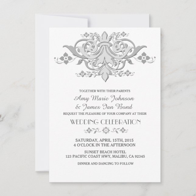 Silver grey damask wedding invitations damask1 (Front)