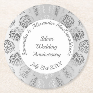 Silver grey damask wedding or anniversary round paper coaster