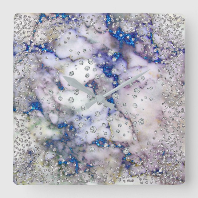Silver Grey  Diamond Crystals Marble Blue Navy Square Wall Clock (Front)