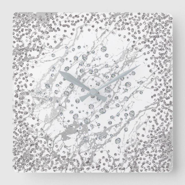 Silver Grey  Diamond Crystals Marble White Strokes Square Wall Clock (Front)
