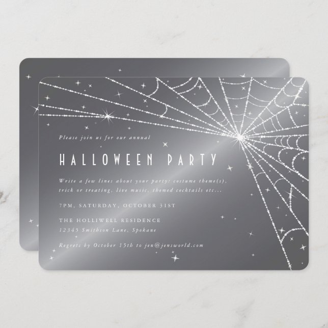 Silver-Grey Diamond Spider Web Halloween Party Invitation (Front/Back)