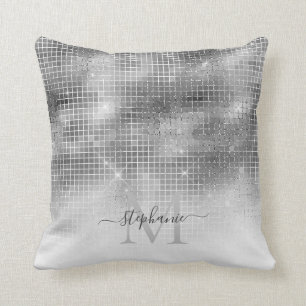 Silver Grey Disco Ball Mosaic Sparkly Monogram Throw Pillow