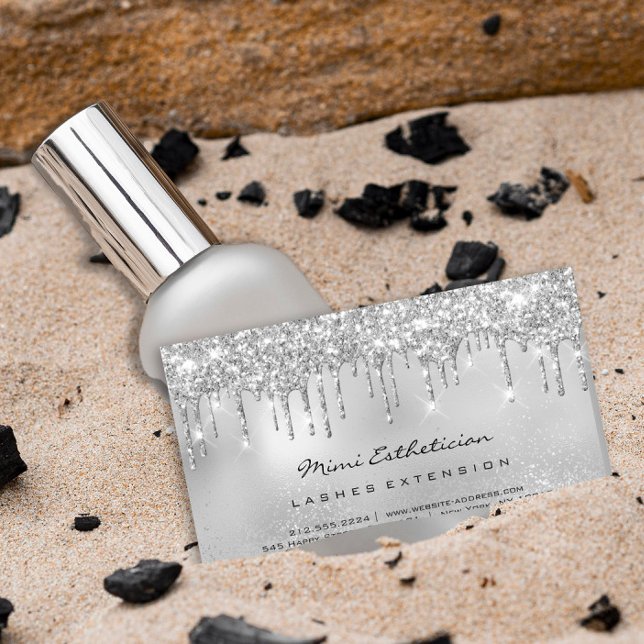 Silver Grey Drips Glitter Eyelash Aftercare Makeup Business Card (Creator Uploaded)