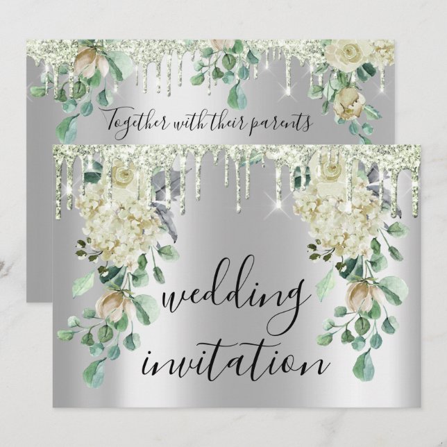 Silver Grey Drips Grey Floral Mint Green Wedding Invitation (Front/Back)