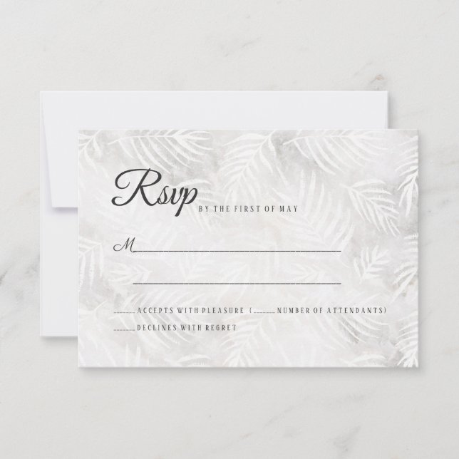 Silver Grey & Dusty Pink Palm Leaves Wedding RSVP Card (Front)