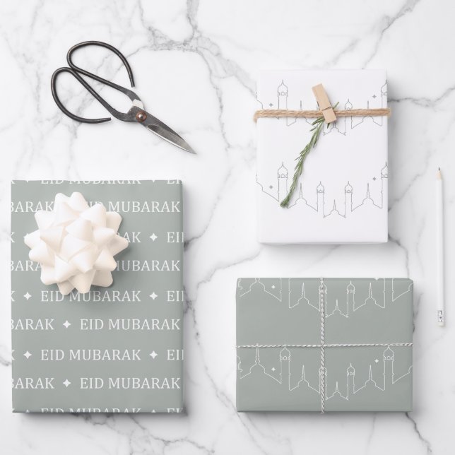 Silver Grey Eid Mubarak Masjid Pattern Design Wrapping Paper Sheet (Front)