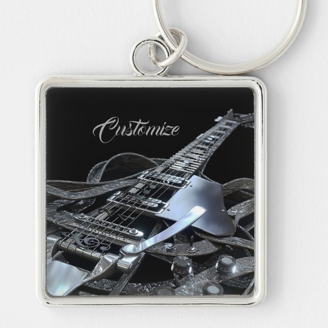 Silver Grey Electric Guitar Premium Key Chain (Front)