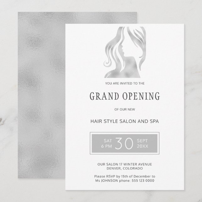 Silver grey elegant beauty salon grand opening invitation (Front/Back)