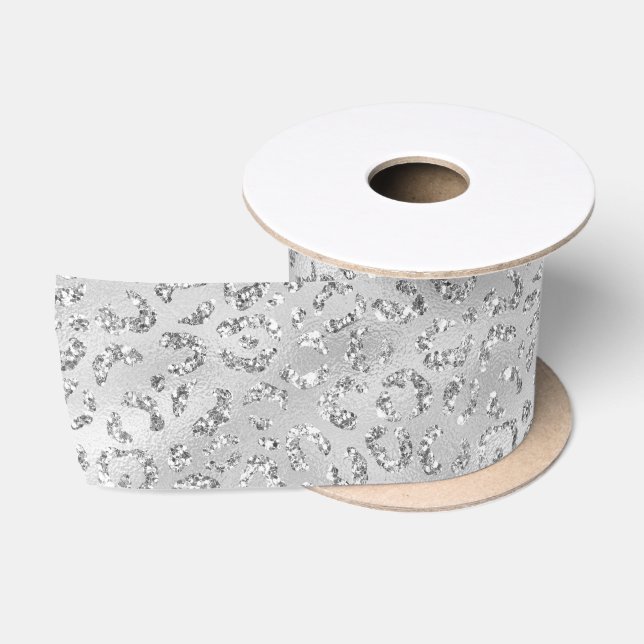 Silver Grey Faux Glitter Leopard Print Satin Ribbon (Spool)
