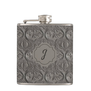 Silver Grey Faux Tooled Leather Vinyl Hip Flask