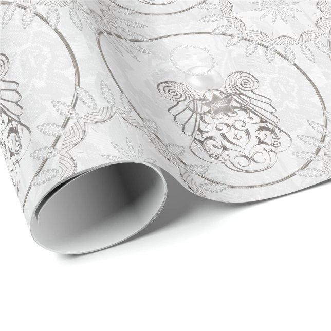 Silver Grey Filigree Christmas Angel of Peace Wrapping Paper (Roll Corner)