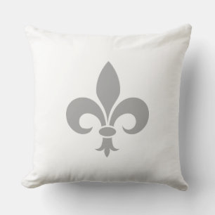Silver Grey Fleur de Lis on White Throw Pillow