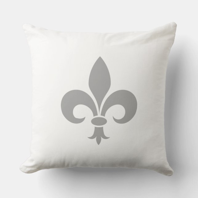 Silver Grey Fleur de Lis on White Throw Pillow (Front)