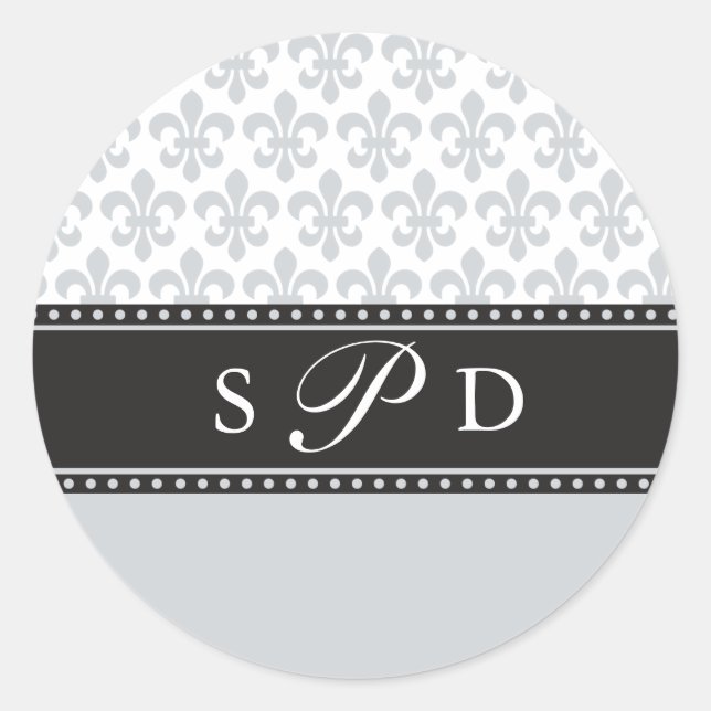 Silver Grey Fleur de lis Wedding Monogram Sticker. Classic Round Sticker (Front)