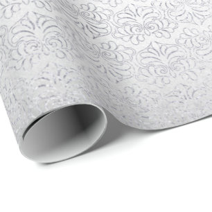 Silver Grey Floral Damask Floral Royal Stripes Wrapping Paper