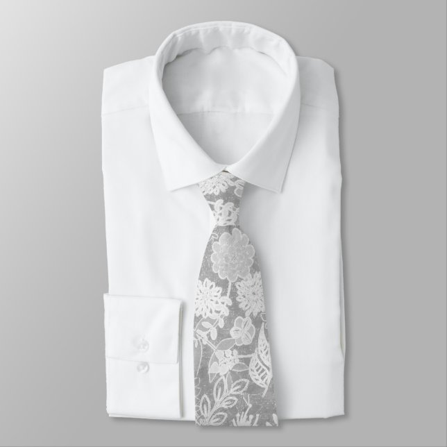 Silver Grey Floral Design Tie (Tied)