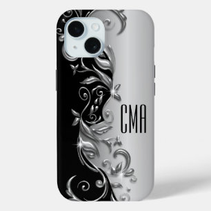 Silver Grey Floral - Monogram iPhone 15 Case