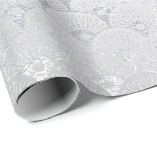 Silver Grey Floral Scales Seashells Art Deco Wrapping Paper