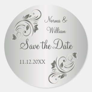 Silver grey floral swirls Save the Date Sticker