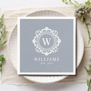 Silver Grey Floral Wedding Family Monogram Napkin