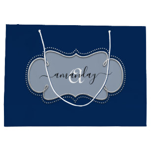 Silver Grey Framed Royal Monogram Name Blue Navy Large Gift Bag