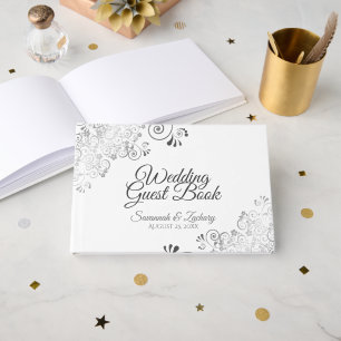 Silver Grey Frilly Filigree Elegant Wedding Guest Book