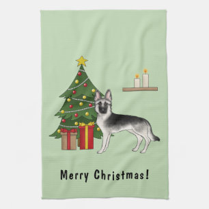 Silver Grey German Shepherd Festive Christmas Tree Kitchen Towel