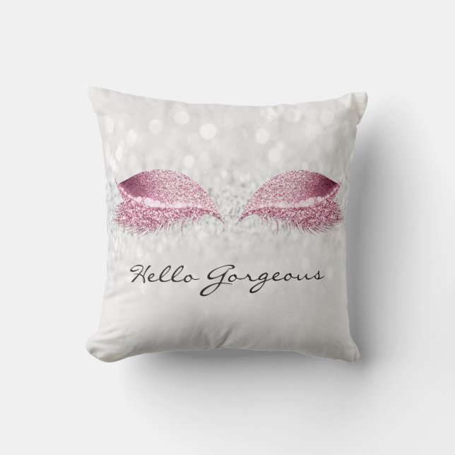Silver Grey Girl Makeup Lashes Hello Gorgeous Pink Throw Pillow (Front)