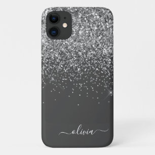 Silver Grey Girly Glitter Sparkle Monogram Name iPhone 11 Case