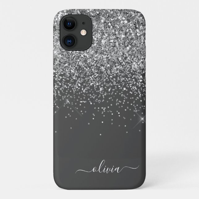 Silver Grey Girly Glitter Sparkle Monogram Name Case-Mate iPhone Case (Back)