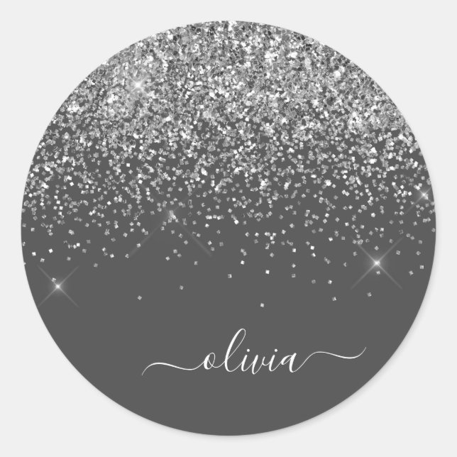 Silver Grey Girly Glitter Sparkle Monogram Name Classic Round Sticker (Front)