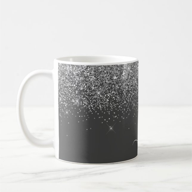 Silver Grey Girly Glitter Sparkle Monogram Name Coffee Mug (Left)