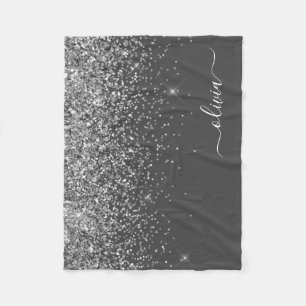 Silver Grey Girly Glitter Sparkle Monogram Name Fleece Blanket