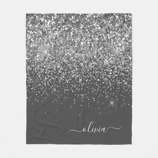 Silver Grey Girly Glitter Sparkle Monogram Name Fleece Blanket (Front)