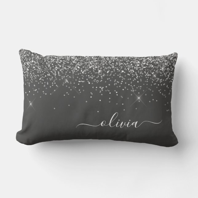 Silver Grey Girly Glitter Sparkle Monogram Name Lumbar Pillow (Front)