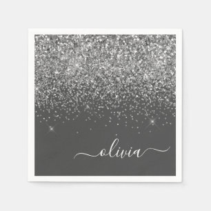 Silver Grey Girly Glitter Sparkle Monogram Name Napkin