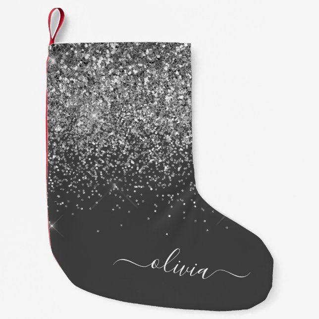 Silver Grey Girly Glitter Sparkle Monogram Name Small Christmas Stocking (Front)