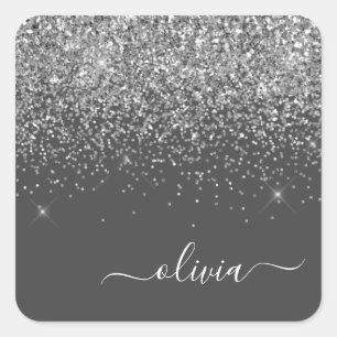 Silver Grey Girly Glitter Sparkle Monogram Name Square Sticker