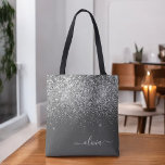 Silver Grey Girly Glitter Sparkle Monogram Name Tote Bag<br><div class="desc">Charcoal Grey (Grey) and Silver Faux Sparkle and Glitter Elegant Monogram Book Bag. This Book Bag can be customized to include your initial and first name and given as a gift for Christmas,  Sweet 16 Birthday,  Bridal Shower or a Wedding.</div>