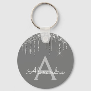Silver Grey Girly Sparkly Glitter Monogram Keychain