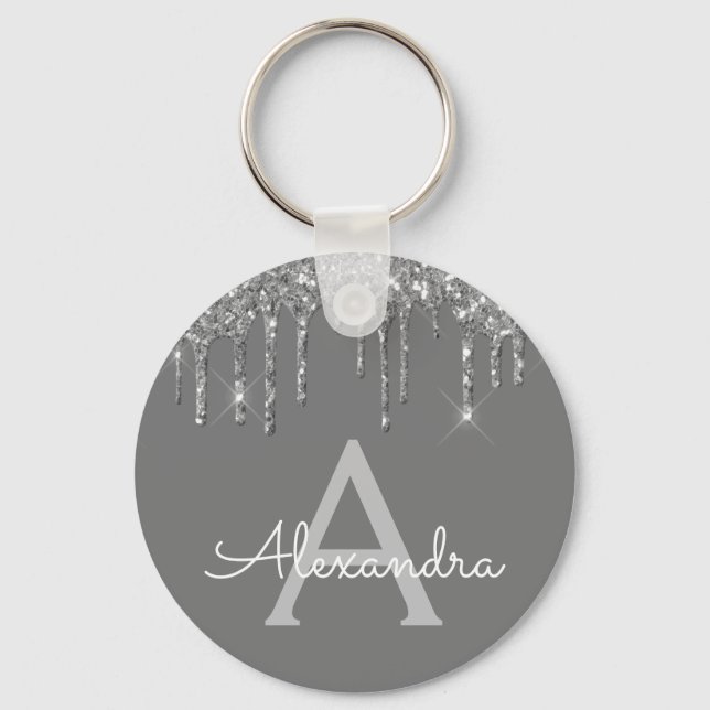 Silver Grey Girly Sparkly Glitter Monogram Keychain (Front)