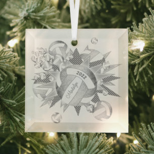 silver grey girly volleyballs and stars glass ornament