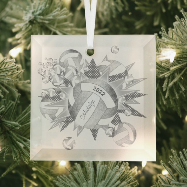 silver grey girly volleyballs and stars glass ornament (Insitu)