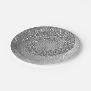 Silver Grey Glam Abstract Graphite Spiral Glitter Paper Plate