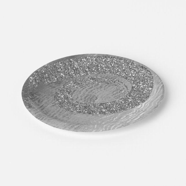 Silver Grey Glam Abstract Graphite Spiral Glitter Paper Plate (Angled)