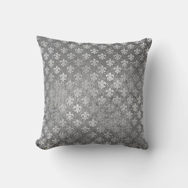 Silver Grey Glam Glass Glitter Fleur de Lis Throw Pillow (Front)