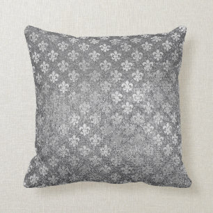 Silver Grey Glam Glass Glitter Fleur de Lis Throw Pillow