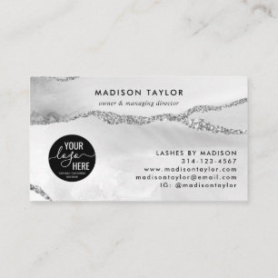 Silver Grey Glitter Agate Custom Logo Monogram Business Card