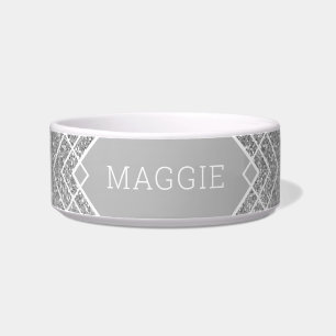 Silver Grey Glitter Art Deco Pattern Pet Name Bowl